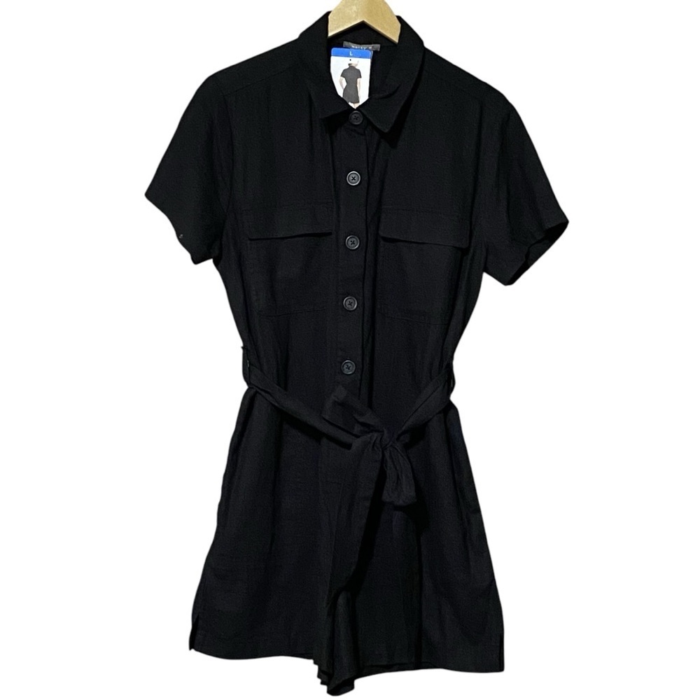 SOLD!! DO NOT BUY!! Matty M Linen Blend Button Front Romper L Black Belted Multi